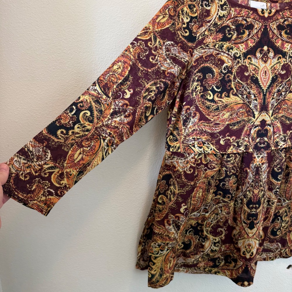 J. Jill Womens Small Petite Paisley Empire Waist Tunic Top Burgundy Gold‎ Rayon - Picture 2 of 11